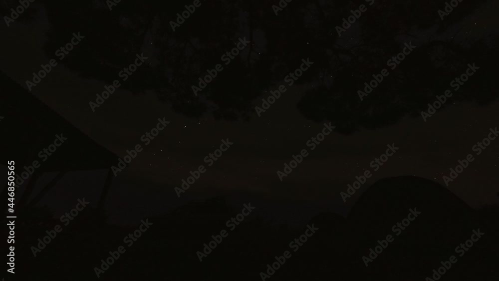 Static night scene timelapse tent with 4wd vehicle in nature outdoors in VAshlovani national park. Safe romantic camping in national parks under stars copypaste background