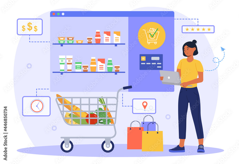 Grocery shopping online. Woman holds laptop in her hands and orders food in an online supermarket. Delivery of products from the store. Cartoon flat vector illustration isolated on a white background