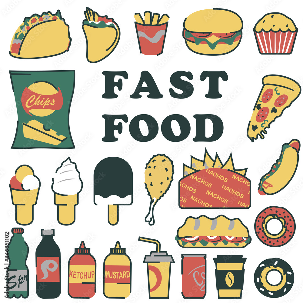A set of illustrations of fast food, ice cream, drinks. Six colors. Vector icons.