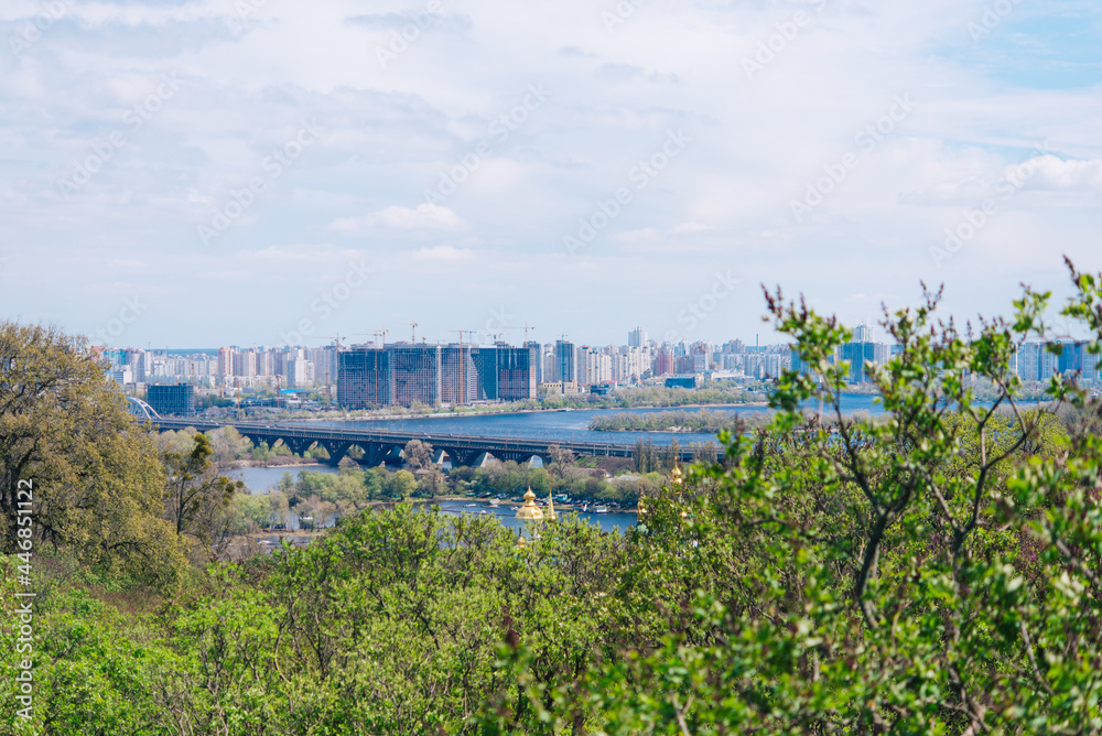 Kiev, Ukraine - May 03, 2021, landscape, view of the Dnieper River and the left bank of Kiev.