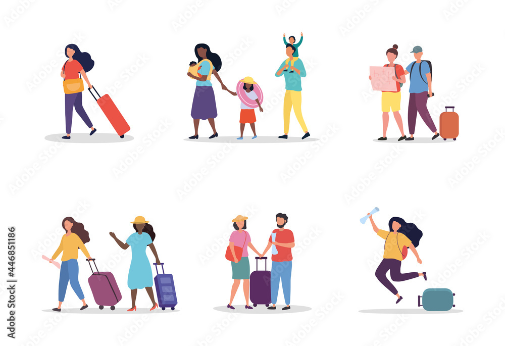 Set of scenes with tourists. People going on summer vacation, journey, trip. Young people, families with children, men, women, luggage and tickets. Cartoon flat vector collection on a white background