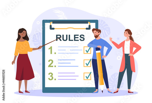 List of rules concept. Employees of the company stand next to large list and study it. Regulation of behavior in the team. Cartoon modern flat vector illustration isolated on a white background photo