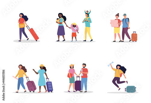 Set of scenes with tourists. People going on summer vacation  journey  trip. Young people  families with children  men  women  luggage and tickets. Cartoon flat vector collection on a white background
