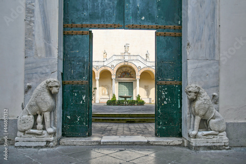 Entrance door in the courtyard of the cathedral of the city of Salerno, Italy.