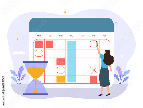Work Organization concept. Female Character Circle Date on Huge Calendar Planning Important Matter. Working time management, planning of important events in life. Cartoon flat vector illustration