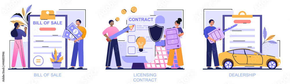 Business documents abstract concept. Bill of sale, licensing contract, dealership. Men and women read and sign legal documents. Cartoon flat vector illustration set isolated on a white background