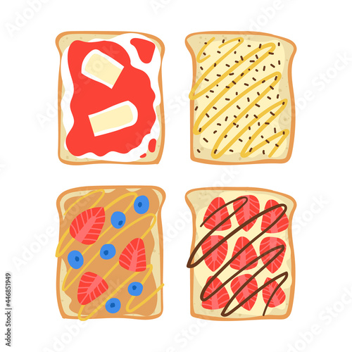 Sweet toast set. Flat hand drawn breakfast with dessert toppings. Jam, cheese, berries, butter, chocolate sprinkles and honey. Textured morning food illustration.