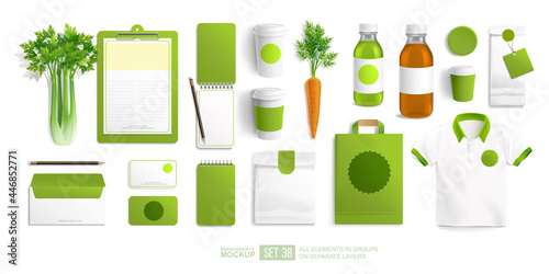 Organic Food Brand identity Mockup set with vegetables for Vegan Cafe and food shop. Vector stationery branding mockup organic vegetables, juice bottle, products
