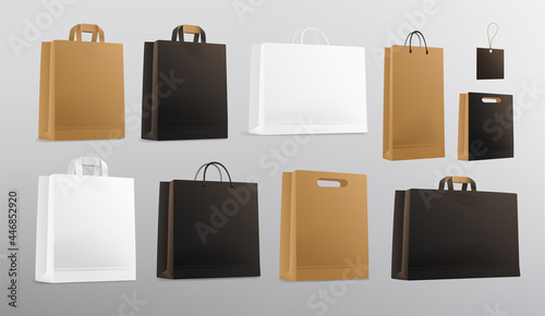 Realistic vector paper Shopping Bag mockup set for branding and corporate identity design. Square and horizontal paper Shopping bag, package blank mockup