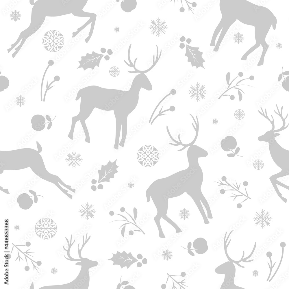 Christmas seamless pattern for greeting cards, wrapping paper, textiles, wallpaper, wrapper.Winter background of deer, snowflakes,berries.Vector illustration