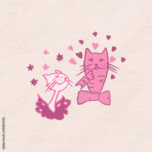 Vector illustration of cats in love for st.Valentine`s day. Pictures of cats in vector format for the design of a romantic celebration, postcards, posters, invitations for a Valentine`s day party.