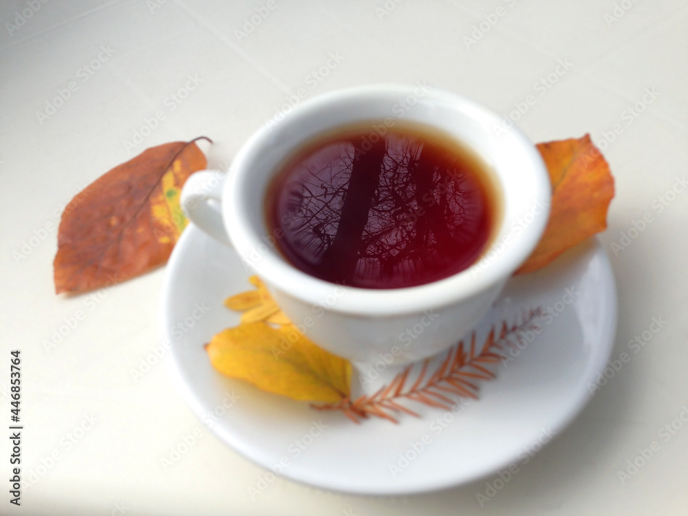 Cup of tea with autumn leaves, reflection of sky and trees inside the cup, on white table. Cup of tea with autumn leaves, reflection of sky and trees inside the cup, on white table.