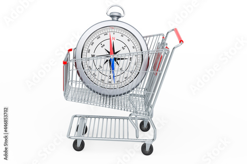 Shopping cartt with compass. 3D rendering photo