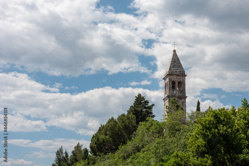Old church tower on the hill in Podaca village, Makarska Riviera, Dalmatia, Croatia. 