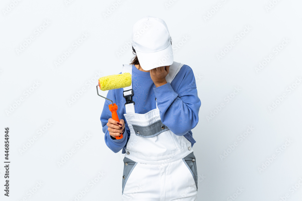 Painter woman over isolated white background with tired and sick expression Painter woman over isolated white background with tired and sick expression