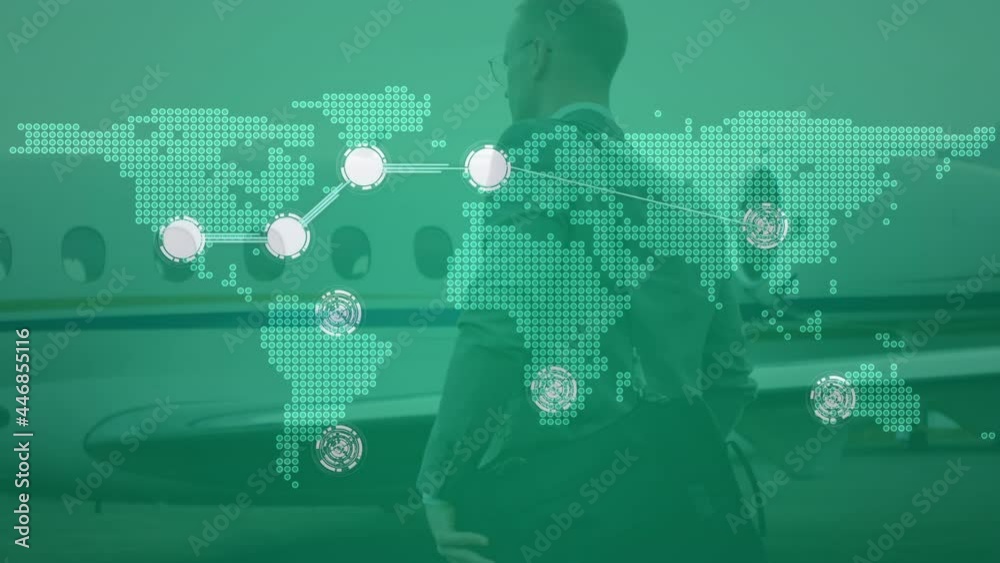 Animation of network of connections over world map, airplane and businessman Animation of network of connections over world map, airplane and businessman