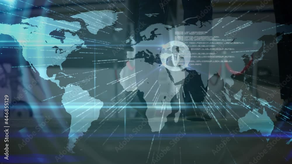 Animation of network of connections over world map, airplane and businessmen Animation of network of connections over world map, airplane and businessmen