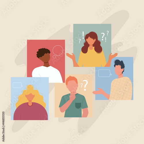 Group of people communicating using gestures. Talking man and woman with speech bubbles. Emotions expression during a conversation. Flat vector illustration characters set.