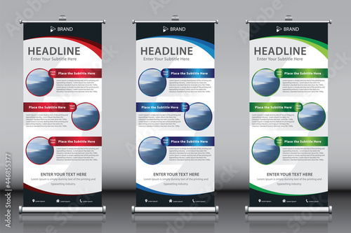 Roll up vertical stand banner design template vector with 3 images and three titles. Information advertisement X-banner and Street Business Flag Exhibition banner. Red Green Blue color 3 in 1