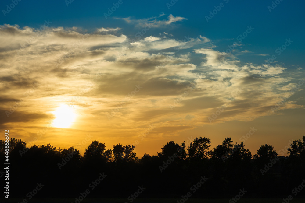 Landscape scene of golden sunset behind smooth clouds floating over blue sky with silhouette trees. Beautiful nature yellow evening at countryside, powerful summer sunlight. Dramatic scenic, contrast.