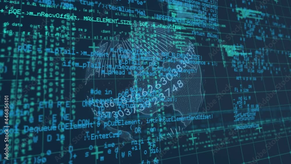 Digital animation of data processing over grid network against spinning globe on blue background Digital animation of data processing over grid network against spinning globe on blue background