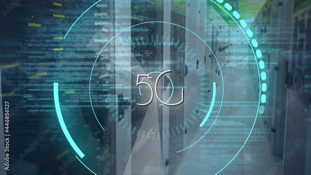 5g text on round scanner and data processing over empty server room against dark clouds 5g text on round scanner and data processing over empty server room against dark clouds