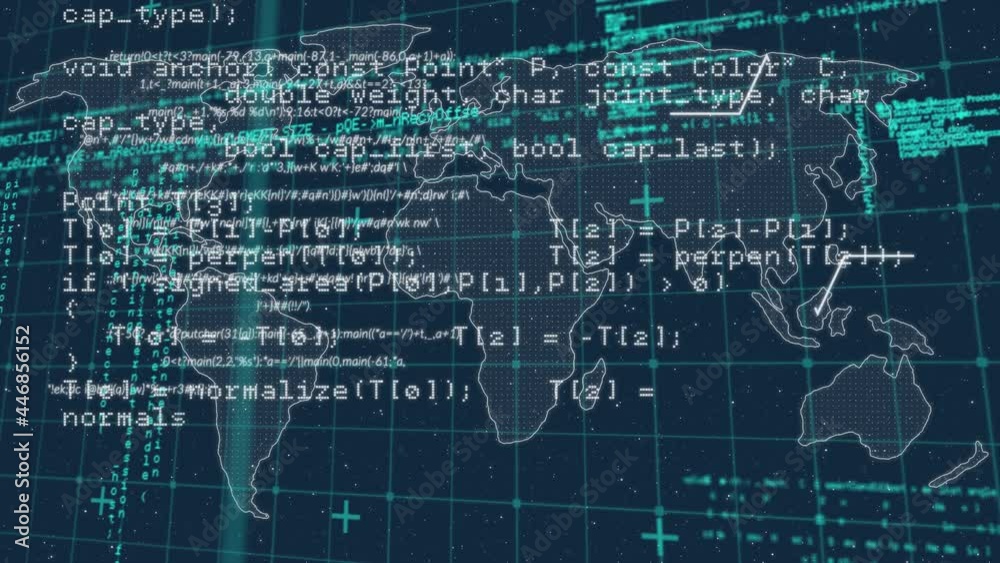 Digital animation of data processing over grid network against world map on blue background Digital animation of data processing over grid network against world map on blue background