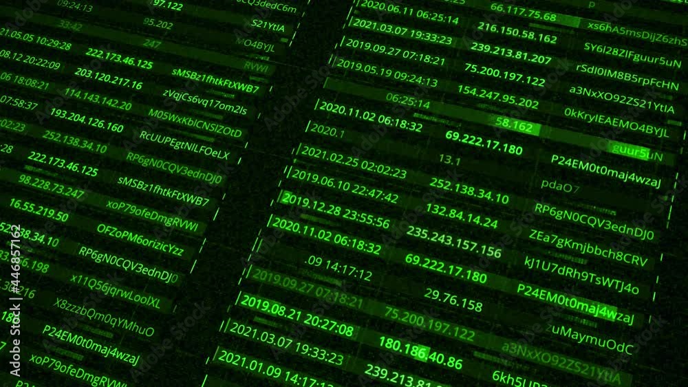 IP addresses and passwords. Animation. Generation of all passwords and addresses of network users inside database. Database with passwords and addresses inside matrix