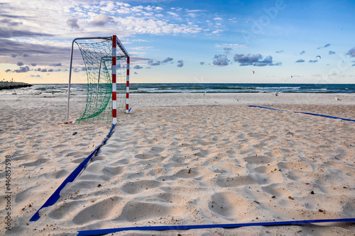 Sportfield on sunny beach. Polish seaside. Baltic sea.