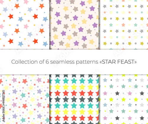 Cute collection of six multicolored seamless pattern with stars and dots. Festive digital paper set.