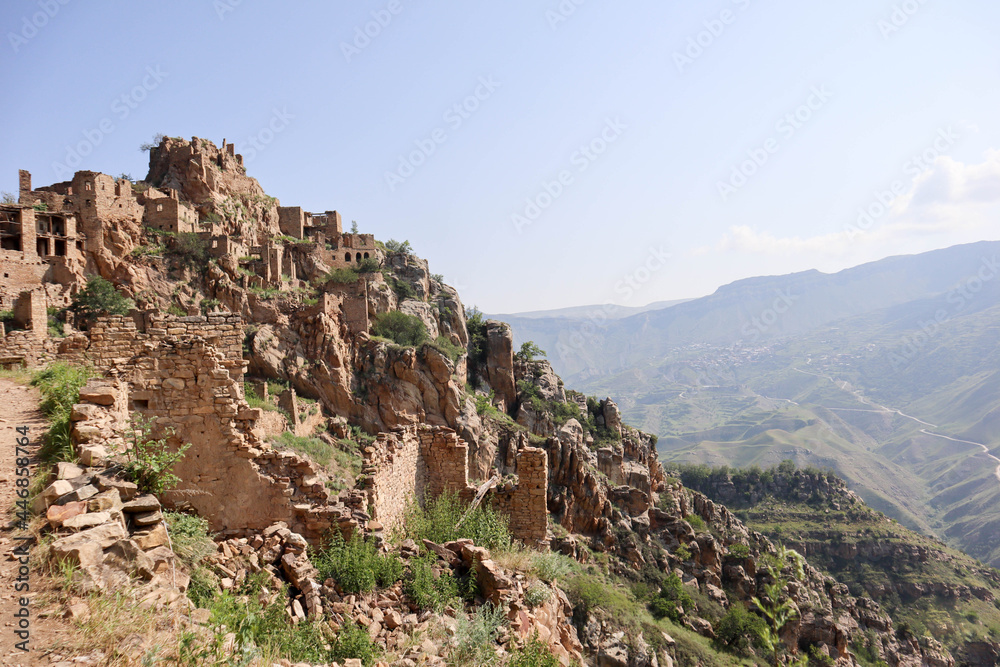 Fototapeta premium scenic view to the ruins of ancient abandoned village Gamsutl in Dagestan, Russia