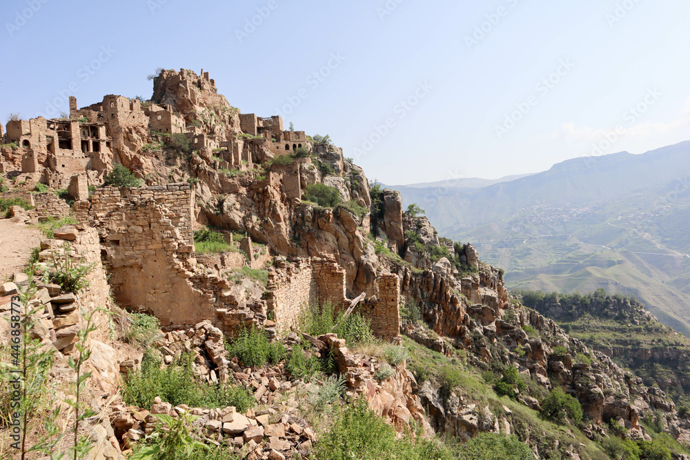 scenic view to the ruins of ancient abandoned village Gamsutl in Dagestan, Russia