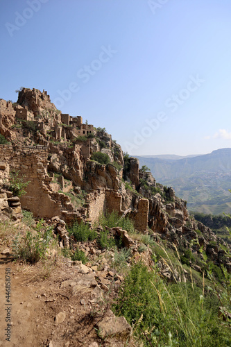 scenic view to the ruins of ancient abandoned village Gamsutl in Dagestan, Russia