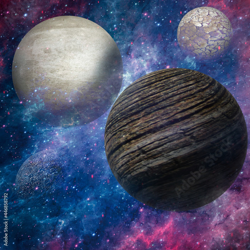 Ilustración en 3d de un paisaje fantastico creado con mundos en la galaxia y nebulosas para reacraciones de fantasias photo