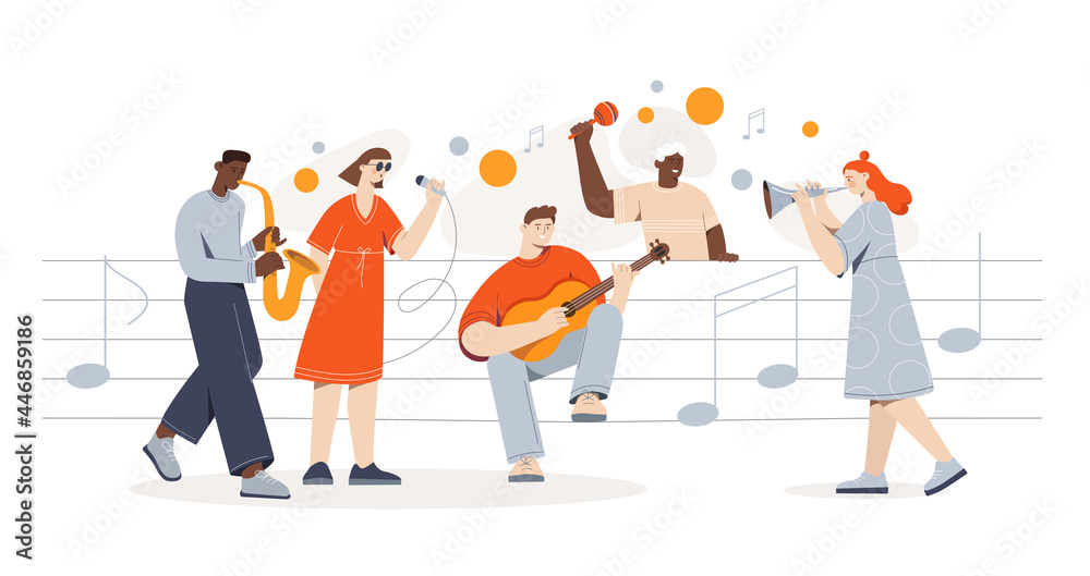 Diverse multiethnic people sit on sheet music sing and play different musical instruments. Flat colored cartoon vector illustration with characters isolated on white background. Abstract metaphor