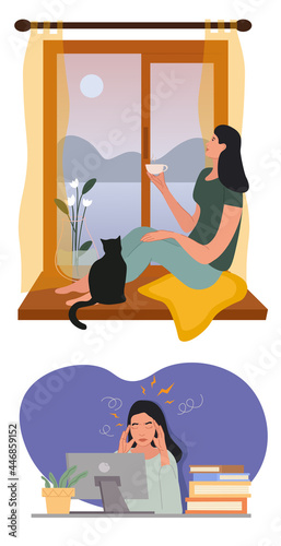 Overwork, fatigue at work, working late concept. Tired and tired of work, a woman tries to relax by imagining a scene of rest. Set of flat cartoon vector illustrations isolated on white background