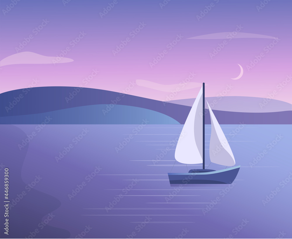 Vector gradient scenery with lake, sea and boat Vector gradient scenery with lake, sea and boat