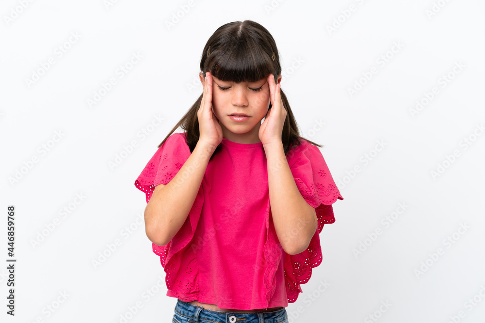 Little caucasian kid isolated on white background with headache Little caucasian kid isolated on white background with headache