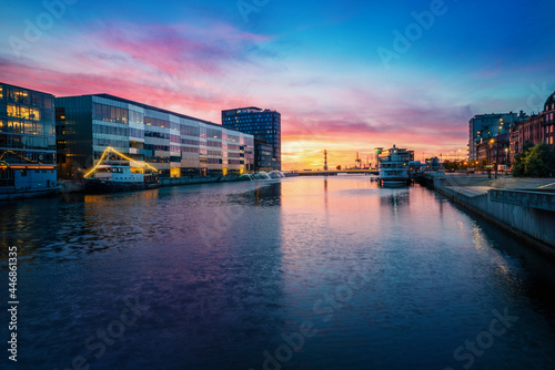Malmo Inner Harbor with Malmo University Library building (Orkanen) at sunset - Malmo, Sweden