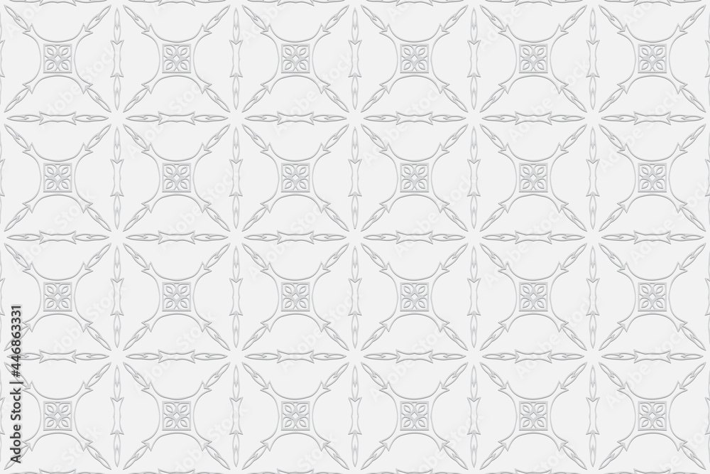3D volumetric convex embossed geometric white background. Ethnic figured oriental, Asian, Indian pattern with handmade elements, doodling technique.