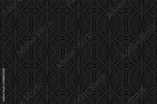 3D volumetric convex embossed geometric black background. Ethnic abstract oriental, asian, indian pattern with handmade elements, doodling technique.