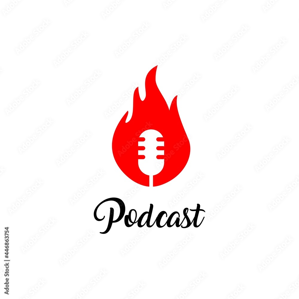 Podcast logo with microphone object, in modern style and burning fire object. Studio microphone desk broadcast podcast. Podcast logo with microphone object, in modern style and burning fire object. Studio microphone desk broadcast podcast.