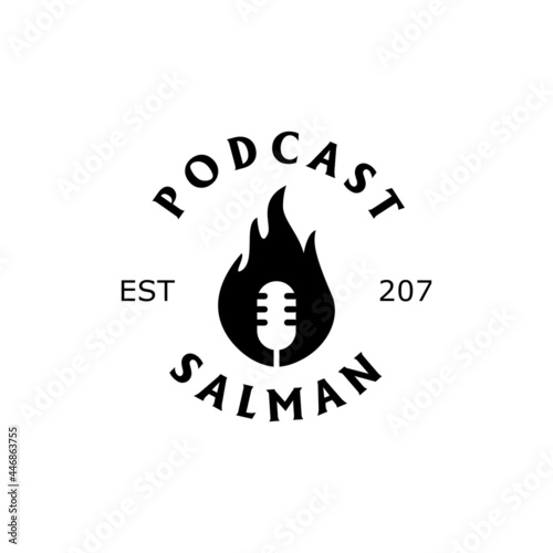 Podcast logo with microphone object, in modern style and burning fire object. Studio microphone desk broadcast podcast.
