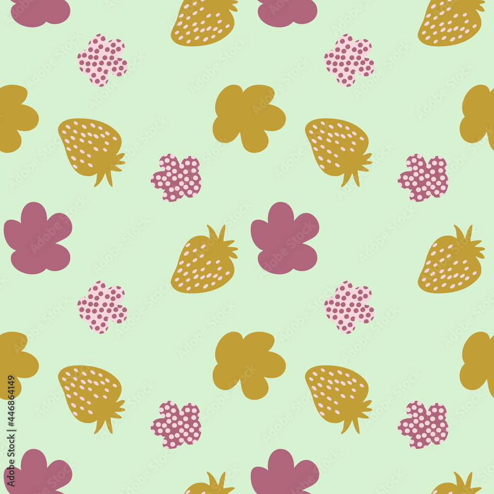 Strawberries and spotted flowers summer seamless pattern. Design for T-shirt, textile and prints. Hand drawn illustration for decor and design. Strawberries and spotted flowers summer seamless pattern. Design for T-shirt, textile and prints. Hand drawn illustration for decor and design.