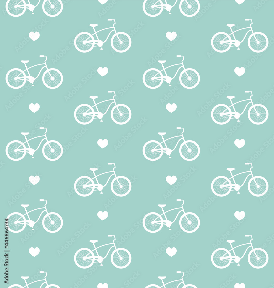 Vector seamless pattern of flat cartoon bicycle and heart silhouette isolated on mint green background