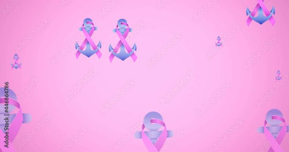 Animation of multiple pink ribbon anchor logo flying on pink background Animation of multiple pink ribbon anchor logo flying on pink background