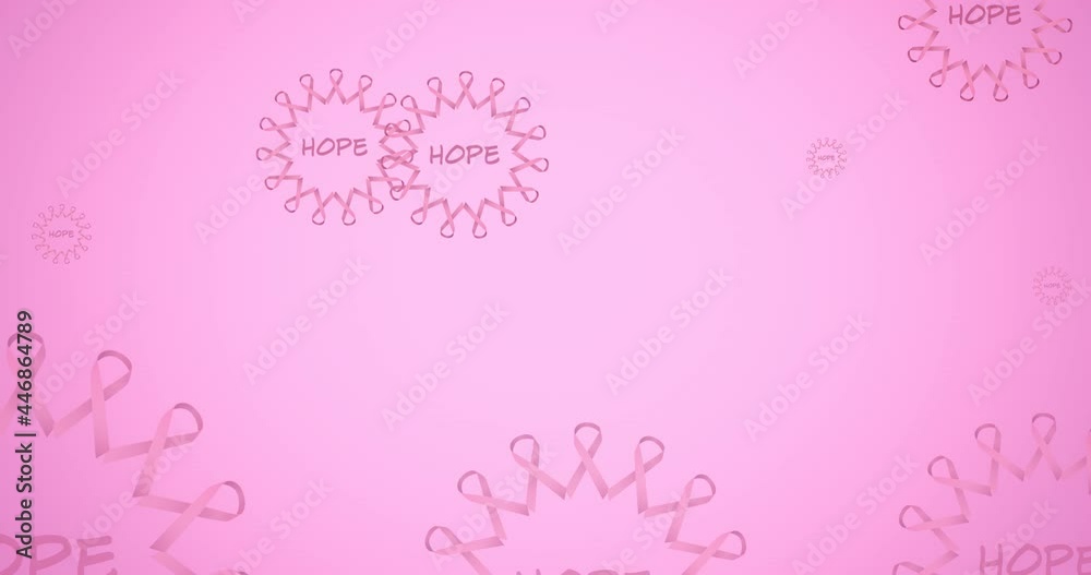 Animation of multiple pink ribbon logo and hope text flying on pink background Animation of multiple pink ribbon logo and hope text flying on pink background