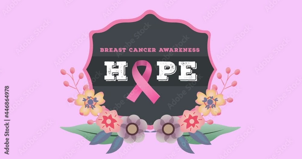 Animation of pink ribbon logo and breast cancer text with flowers on pink