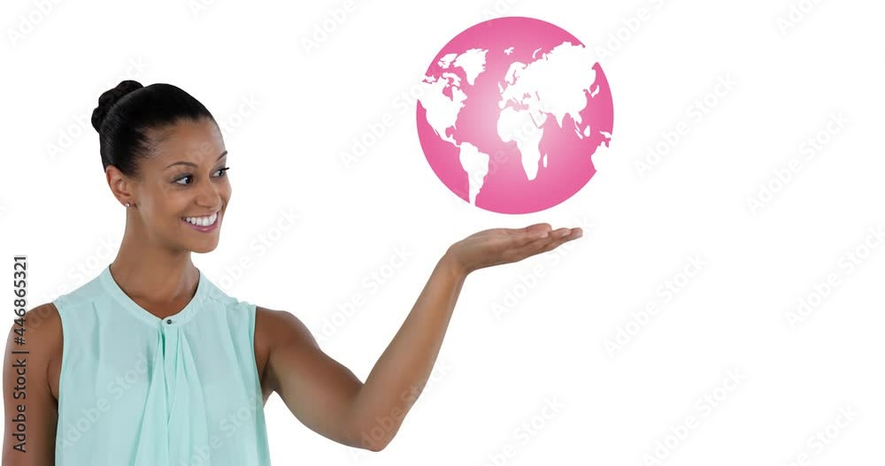 Animation of pink globe logo t over young woman Animation of pink globe logo t over young woman