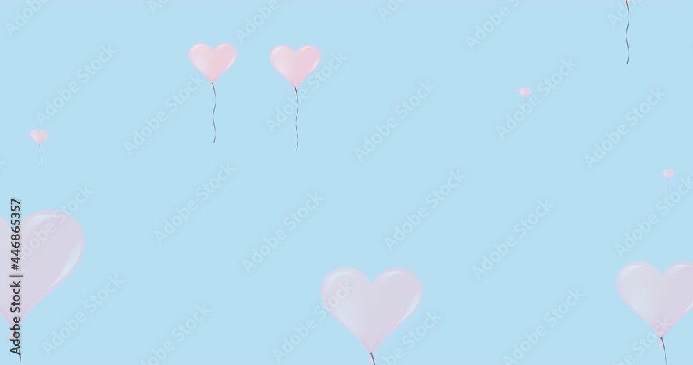 Animation of flying pink hearts balloons on blue background Animation of flying pink hearts balloons on blue background
